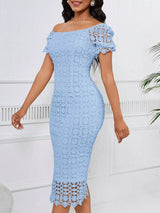 Light blue short-sleeve lace midi dress with slit, front view.