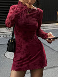 Burgundy mesh long-sleeve bodycon mini dress
