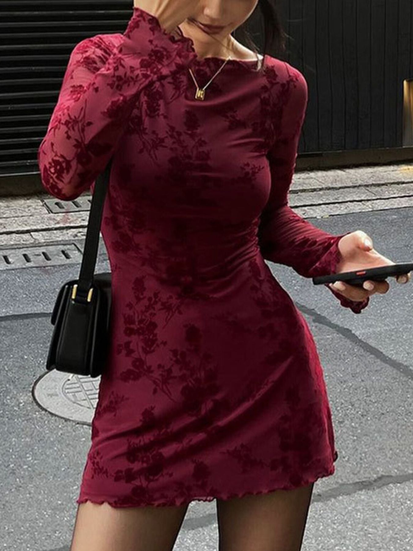 Burgundy mesh long-sleeve bodycon mini dress