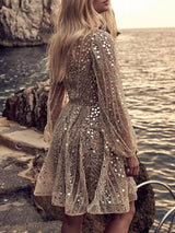Gold sequin mini dress full-length view