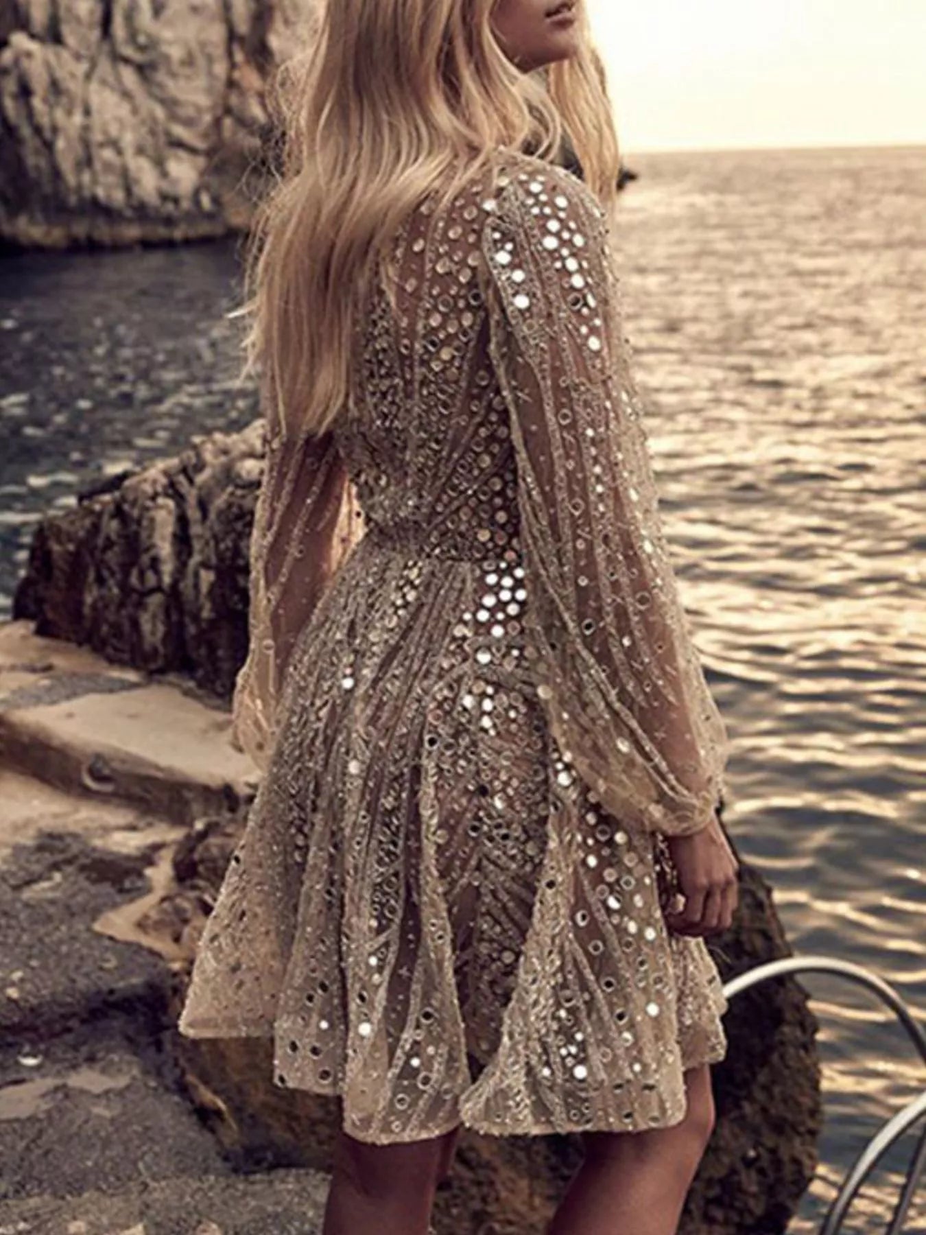 Gold sequin mini dress full-length view