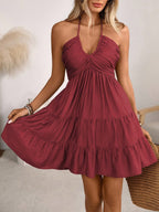 Burgundy smocked halter tiered mini dress, front view