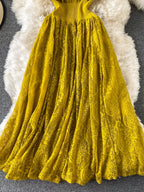 Yellow ruffled mock-neck lace maxi dress, skirt detail
