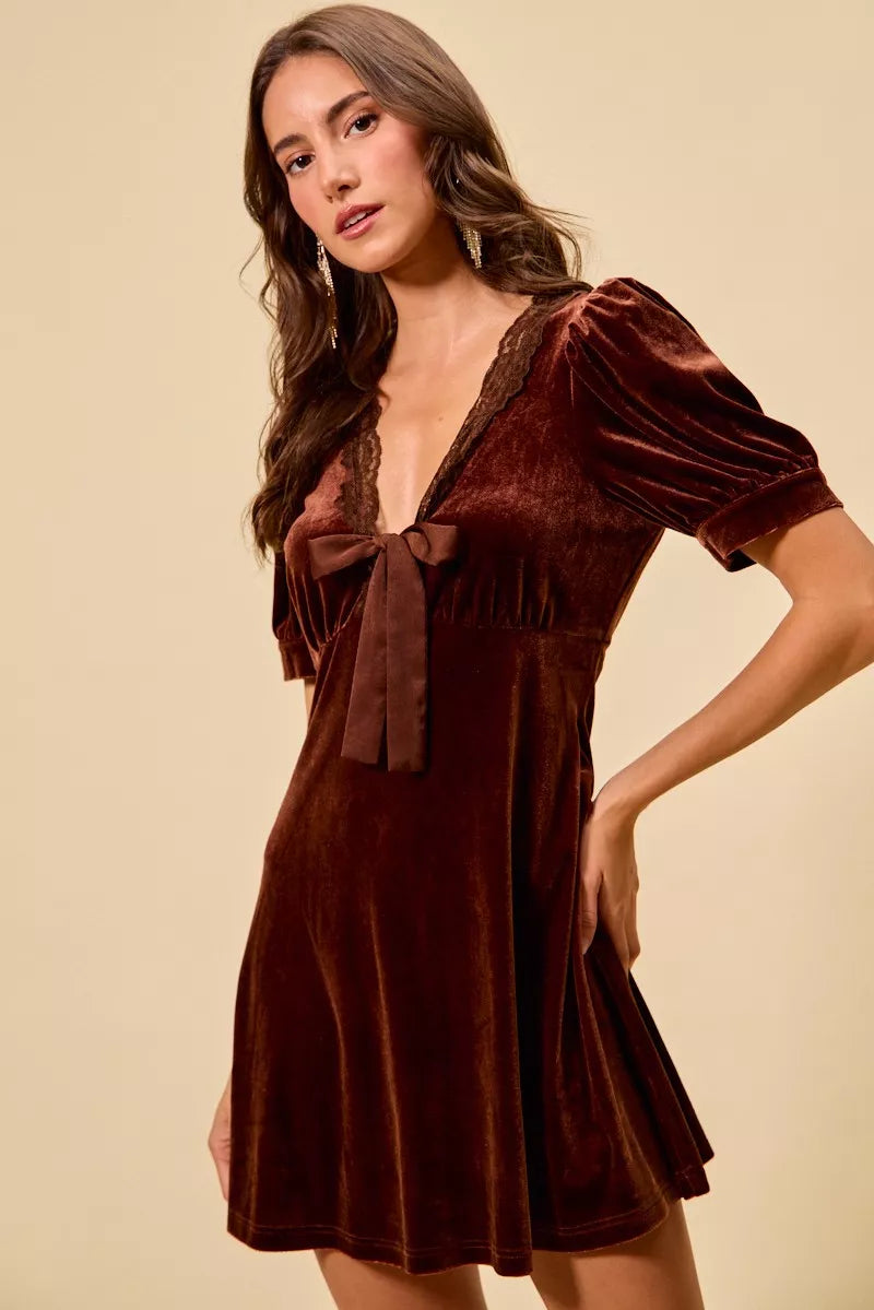 Mauve velvet mini dress bow detail