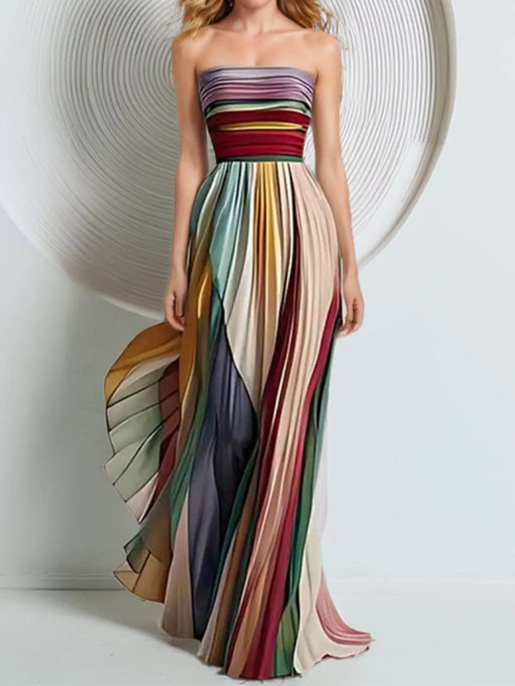 Striped pleated maxi dress detail
