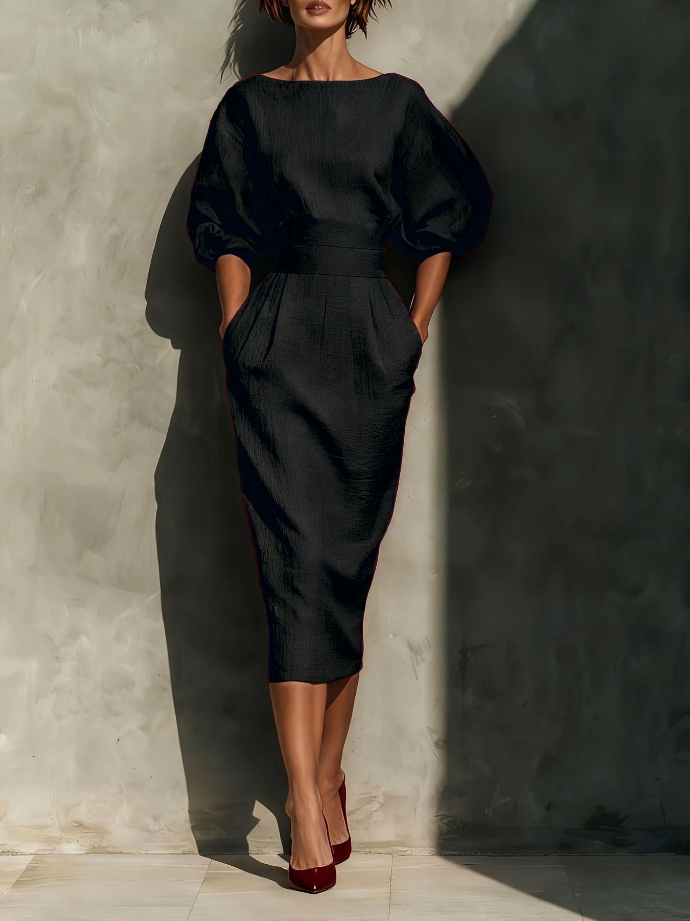 Black round neck midi dress