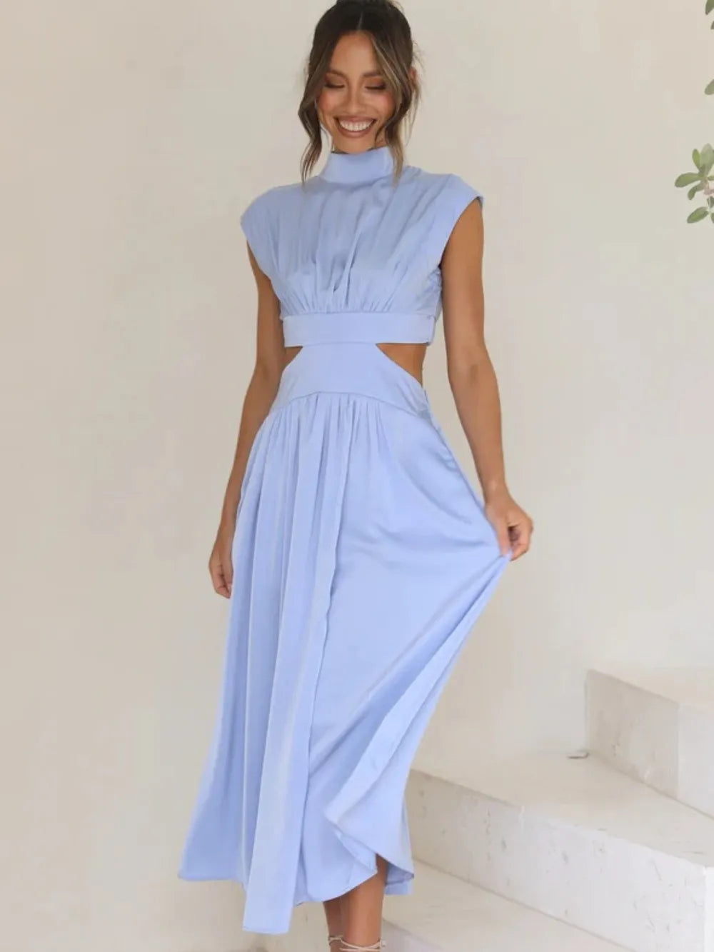 Ruched maxi occasion dress side view