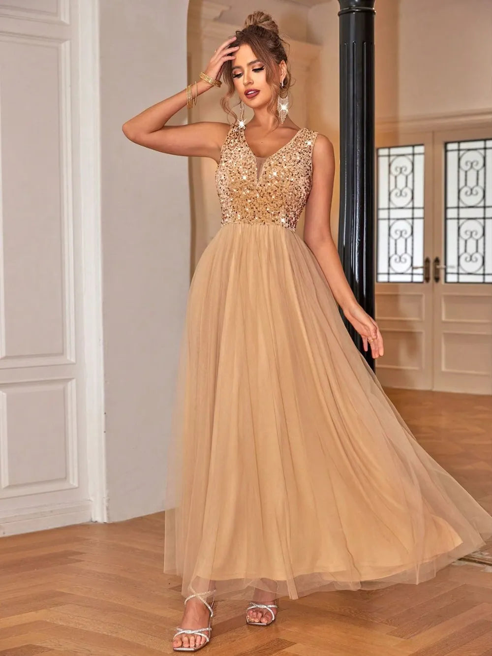 Tan V-neck sequin dress back view