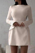 Ivory button-front long-sleeve mini dress, front view.