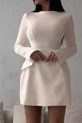 Ivory button-front long-sleeve mini dress, front view.