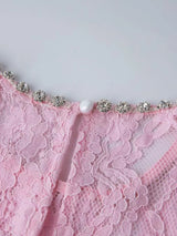 Pink lace long-sleeve midi dress, back neckline detail.