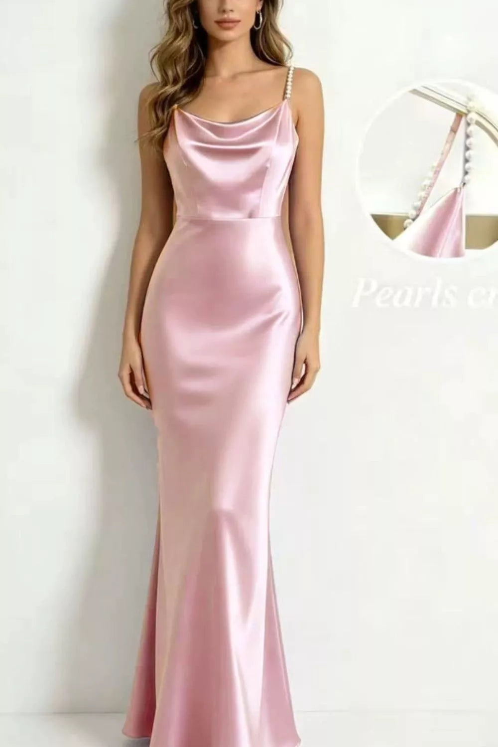 Pearl-strap cowl-neck satin maxi dress front view