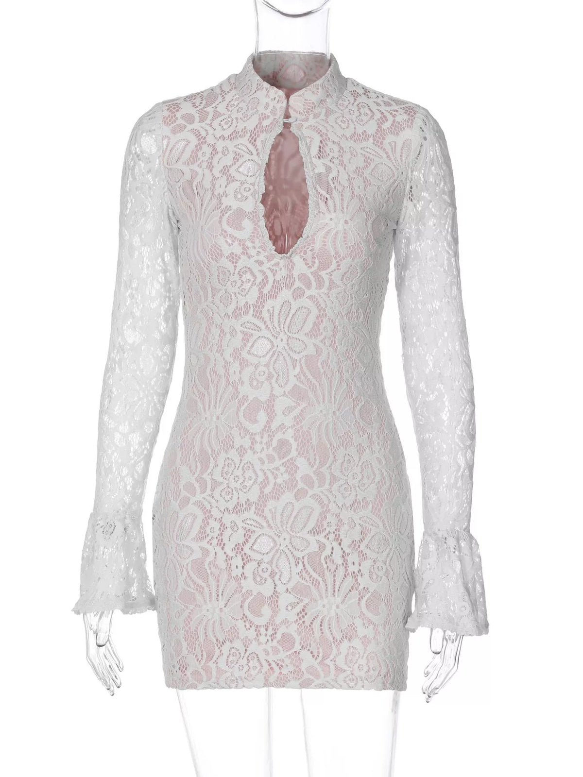 White lace cutout long-sleeve mini dress, front view.