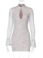 White lace cutout long-sleeve mini dress, front view.