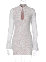 White lace cutout long-sleeve mini dress, front view.