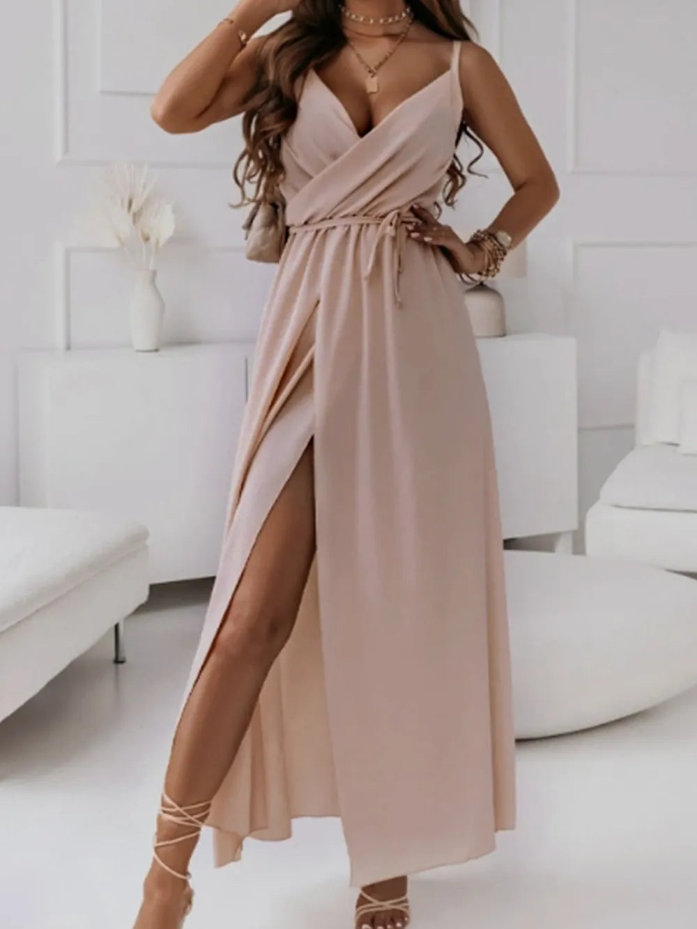 Pale blush tied surplice midi dress front view
