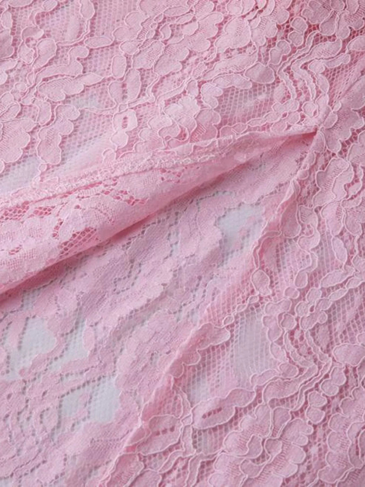 Pink lace long-sleeve midi dress, lace detail.