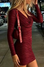Burgundy ruched cowl-neck mini dress, front view.