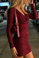 Burgundy ruched cowl-neck mini dress, front view.