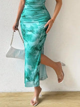 Turquoise printed strapless side-slit maxi dress, skirt detail.