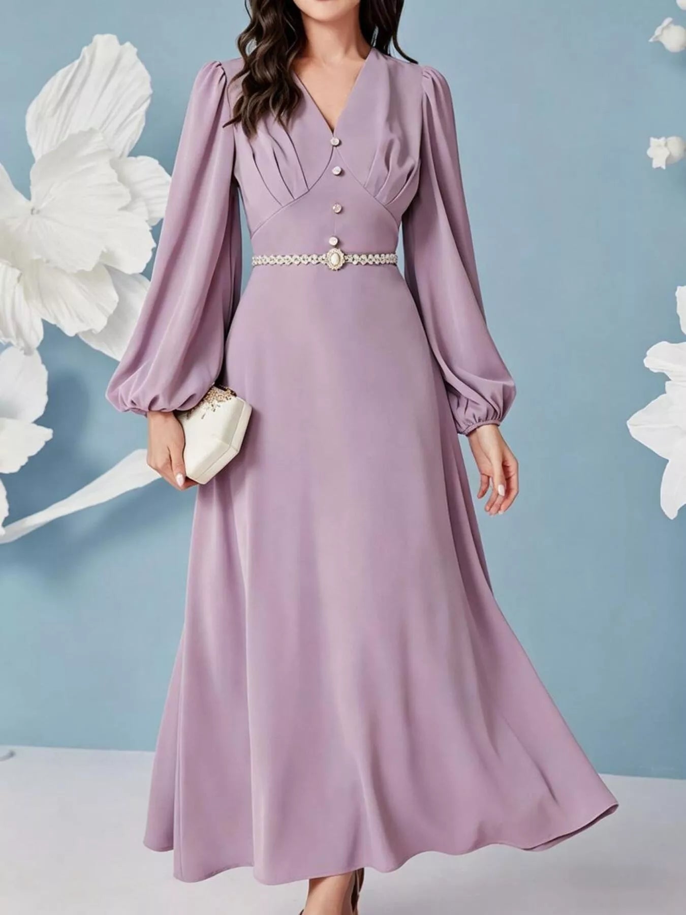 Lavender V-neck balloon sleeve maxi dress 1
