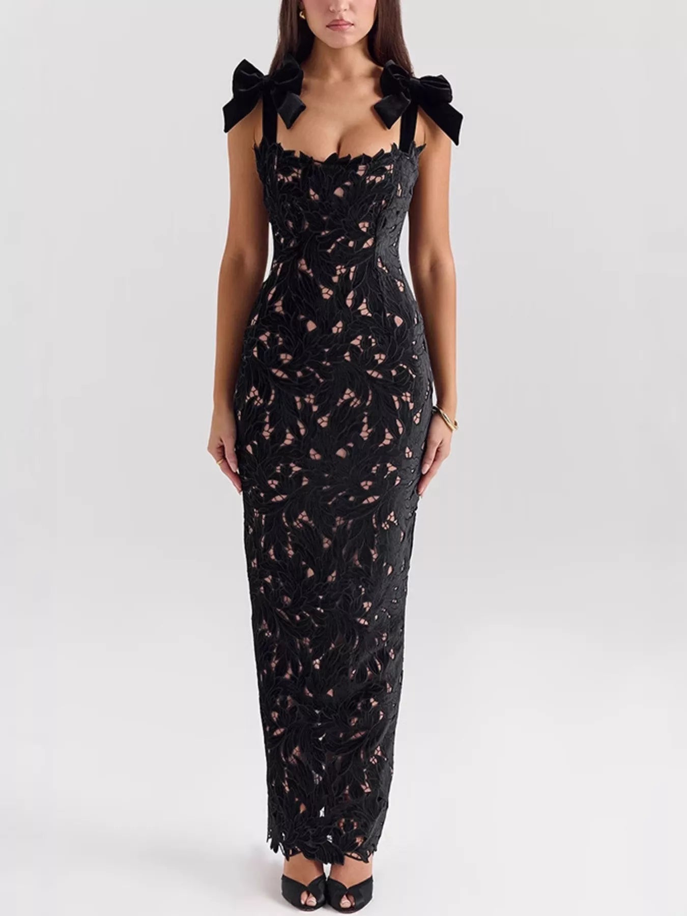 Black tie shoulder maxi dress with side slit