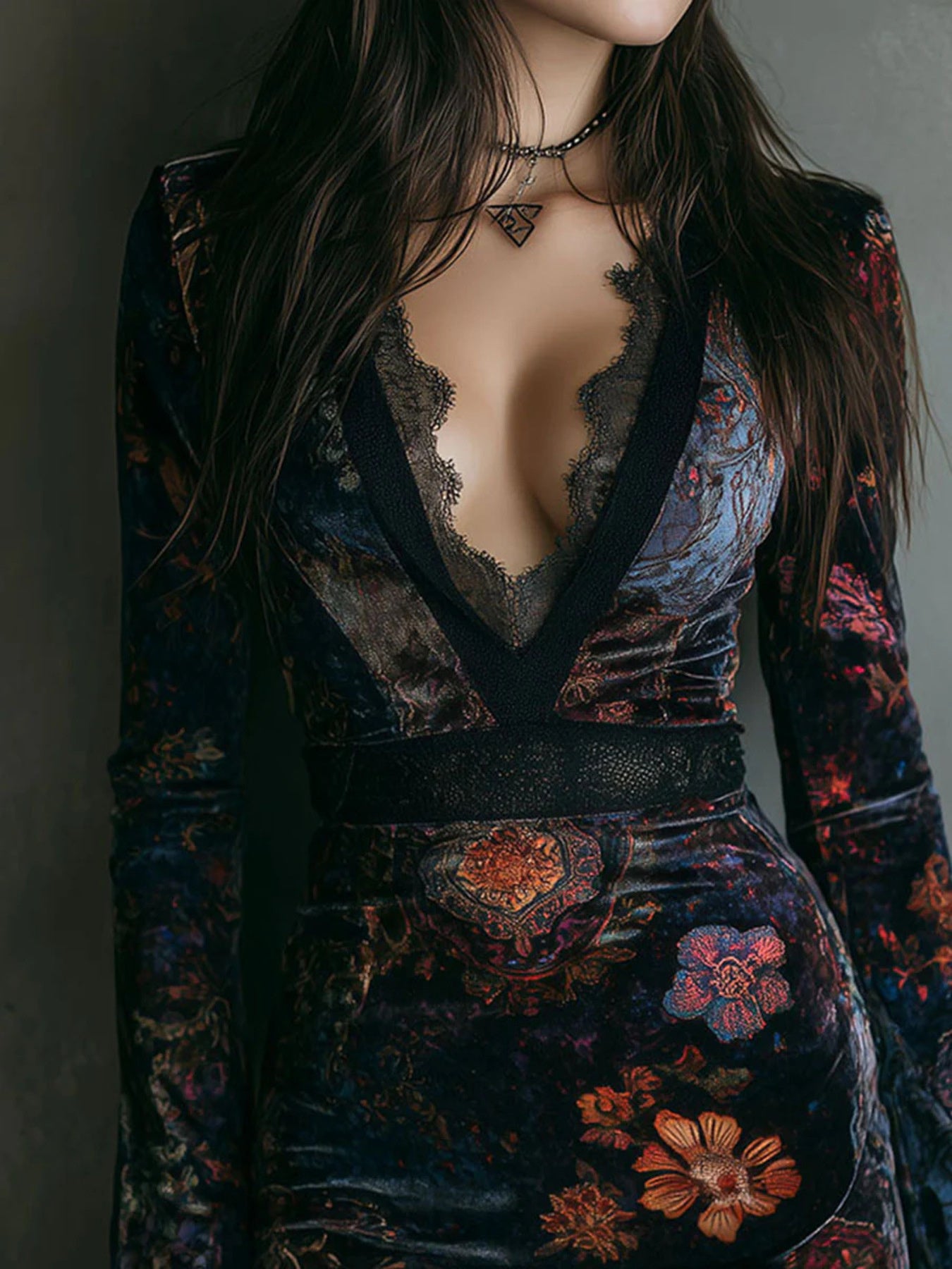 Lace-detail floral velvet mini dress back view