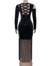 Black rhinestone fringe maxi dress, back view.