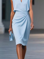 Navy ruched-waist sleeveless midi dress