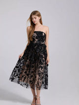 Black floral applique strapless midi dress, front view