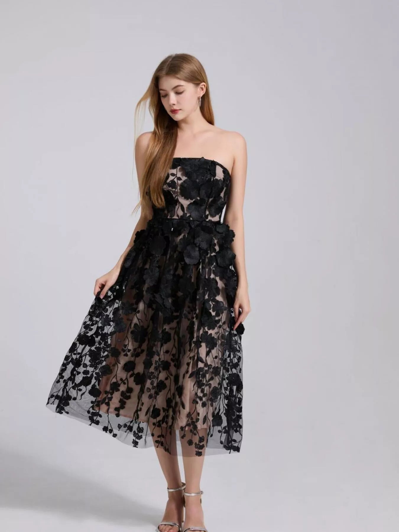 Floral appliqué strapless dress back view