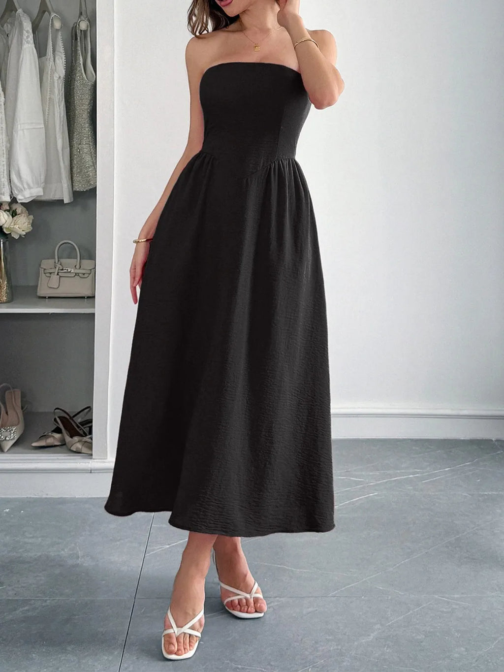 Strapless pocketed midi dress full-length view