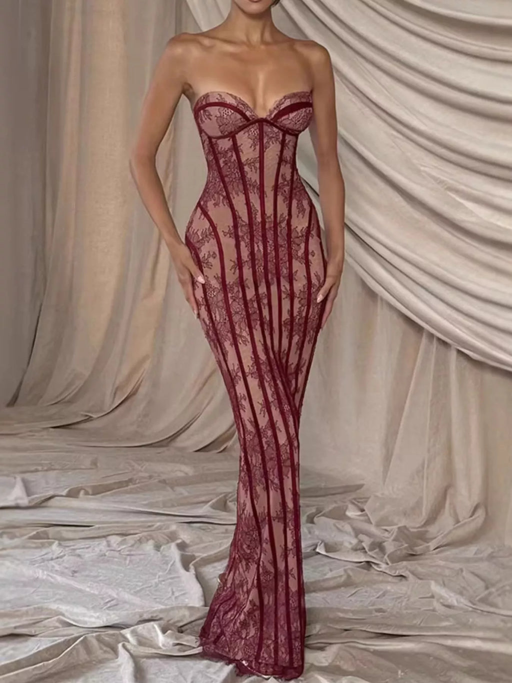 Burgundy strapless slit maxi dress