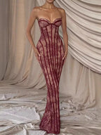 Burgundy strapless slit maxi dress