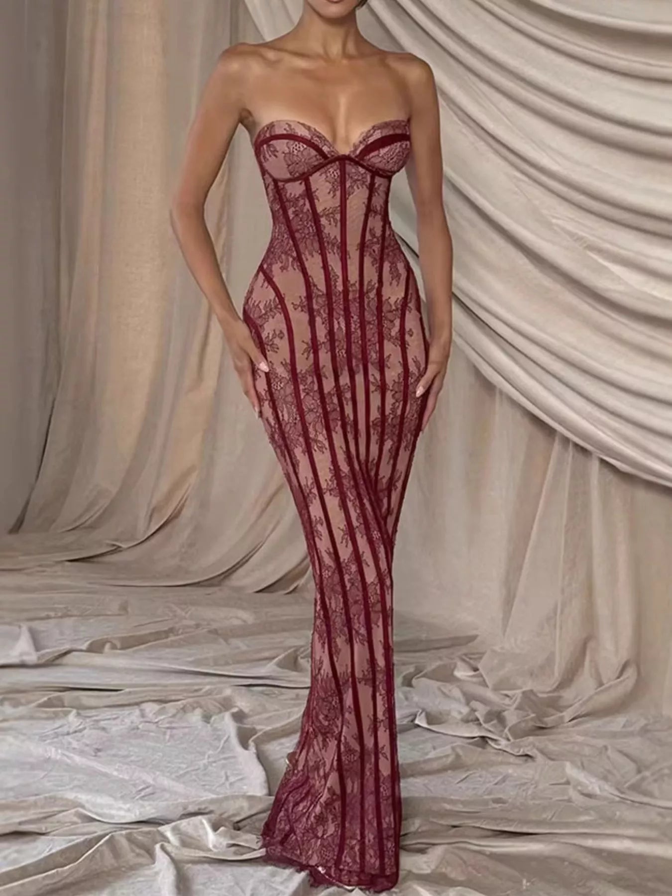 Burgundy strapless slit maxi dress