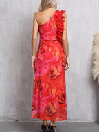 Red floral one-shoulder ruffle-trim maxi dress, back view