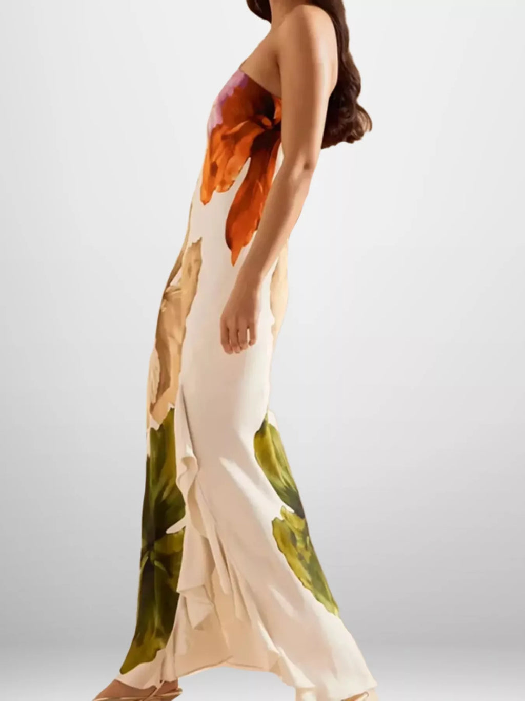 Ruffled floral maxi dress detail