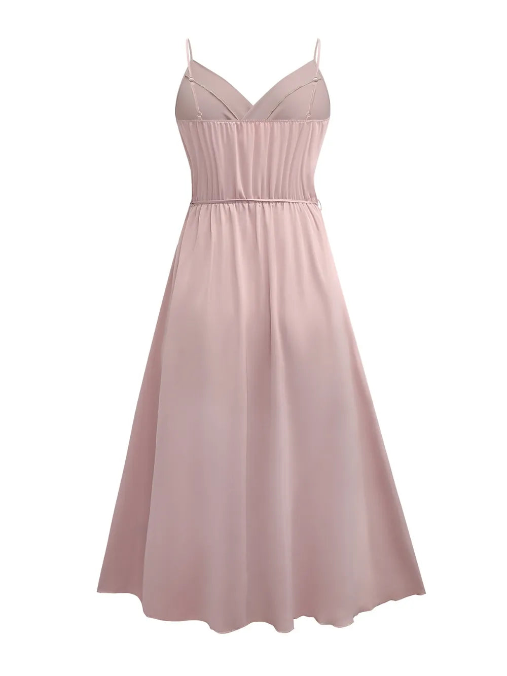 Blush-pink thin-strap surplice midi dress, front view