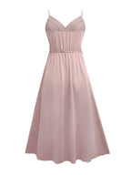 Blush-pink thin-strap surplice midi dress, front view