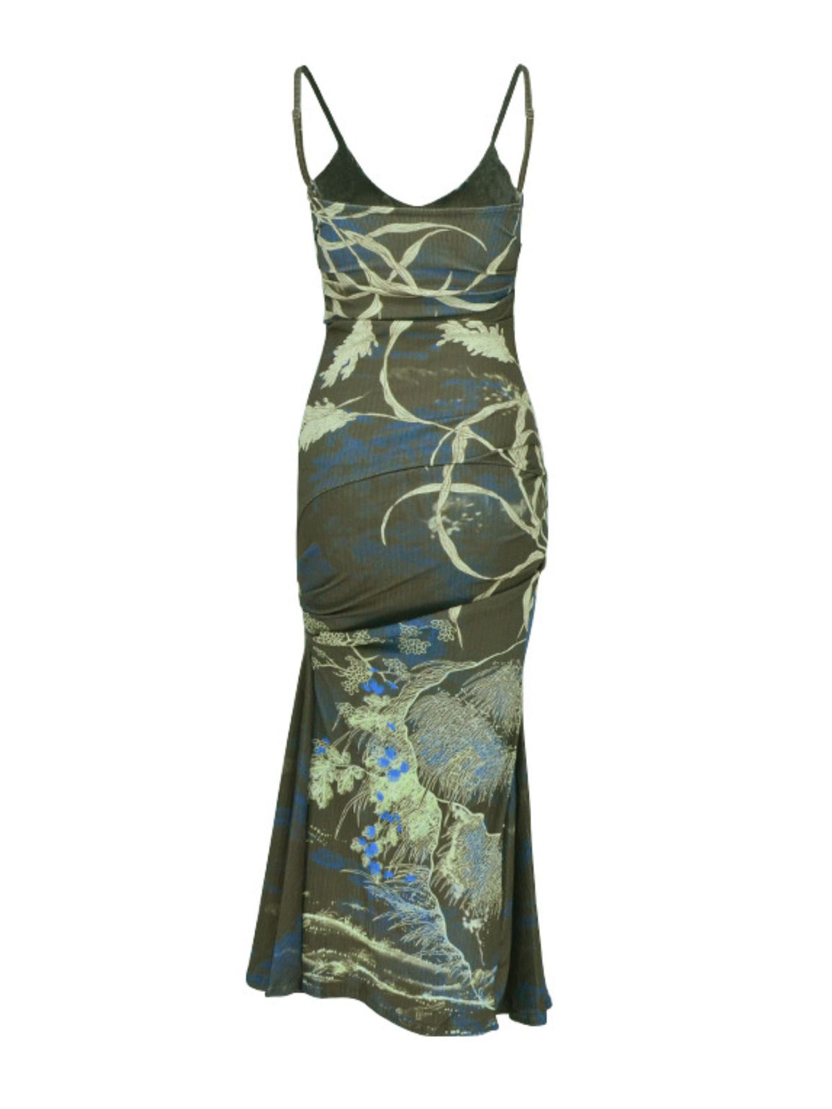 Green printed thin-strap maxi dress, front view