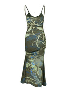 Green printed thin-strap maxi dress, front view