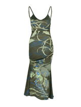 Green printed thin-strap maxi dress, front view