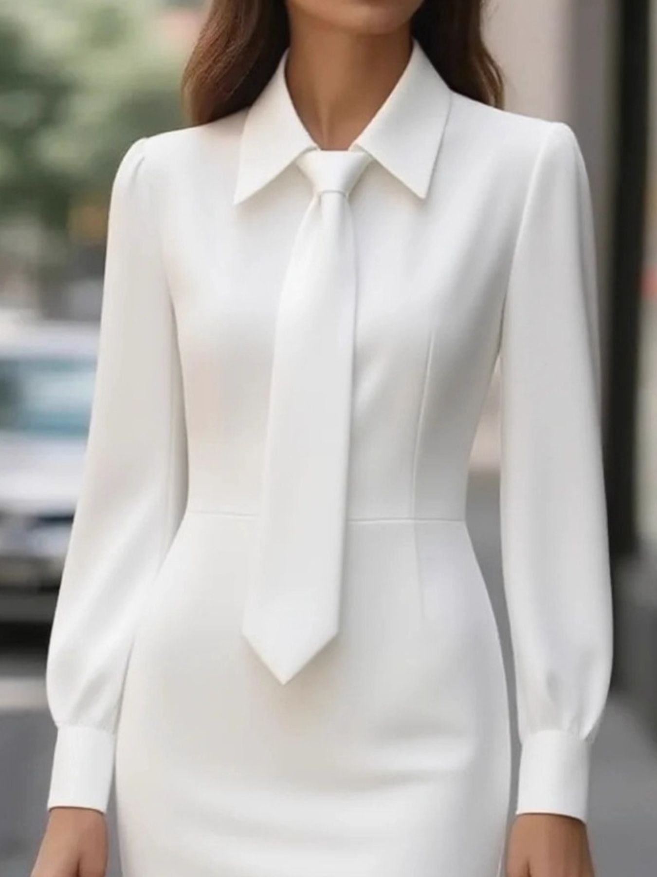 Tie-Neck Buttoned Long-Sleeve Belted Dress - product view 4