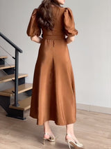 Puff-sleeve midi dress belt detail