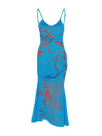 Blue floral thin-strap maxi dress, back view