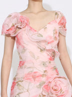Floral ruffled short-sleeve maxi dress detail