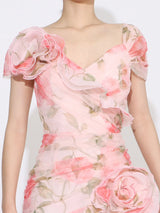 Floral ruffled short-sleeve maxi dress detail