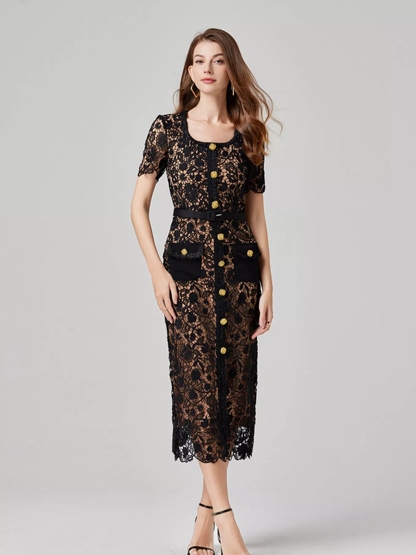 Lace Button-Up Midi Dress with Pockets - product view 1