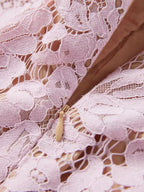 Pink short-sleeve lace mermaid midi dress, lace detail.