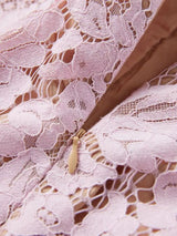 Pink short-sleeve lace mermaid midi dress, lace detail.